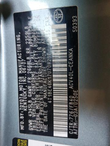 4T1BE46K17U708217 - 2007 TOYOTA CAMRY CE GREEN photo 12