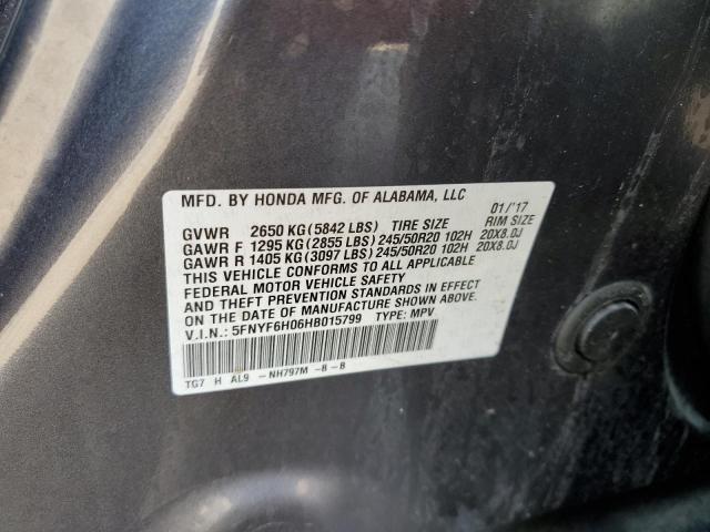 5FNYF6H06HB015799 - 2017 HONDA PILOT ELITE GRAY photo 13