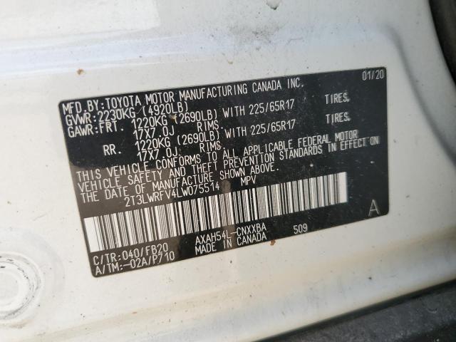 2T3LWRFV4LW075514 - 2020 TOYOTA RAV4 LE WHITE photo 12