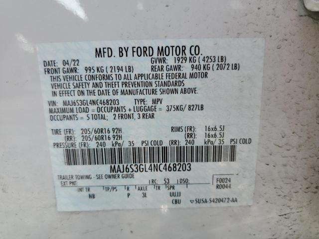 MAJ6S3GL4NC468203 - 2022 FORD ECOSPORT SE WHITE photo 13