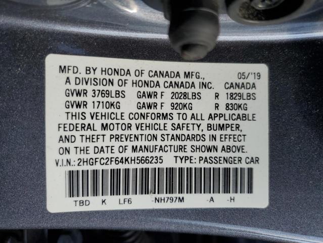 2HGFC2F64KH566235 - 2019 HONDA CIVIC LX GRAY photo 12