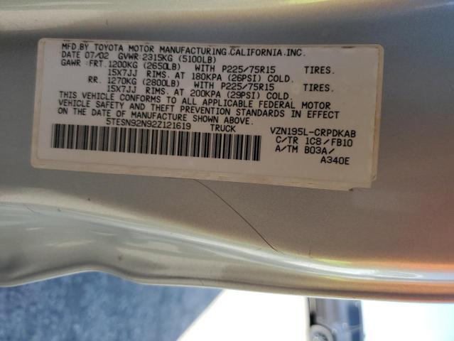 5TESN92N92Z121619 - 2002 TOYOTA TACOMA XTRACAB PRERUNNER 银色 照片 12