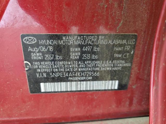 5NPE34AF4KH729566 - 2019 HYUNDAI SONATA LIMITED أحمر صورة 12