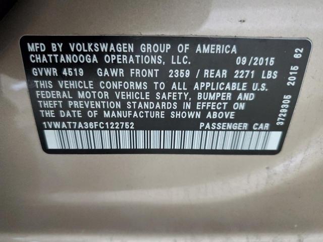 1VWAT7A36FC122752 - 2015 VOLKSWAGEN PASSAT S 奶油色 照片 12