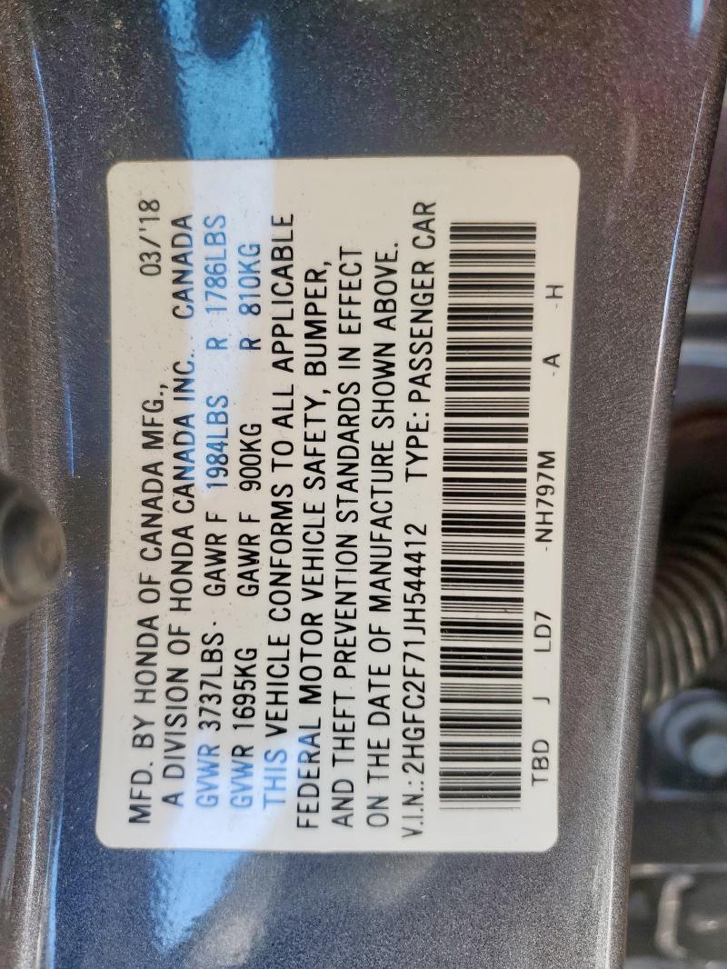 2HGFC2F71JH544412 - 2018 HONDA CIVIC EX رمادي صورة 12