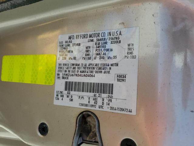 1FMZU67K04UA04064 - 2004 FORD EXPLORER S TAN photo 12