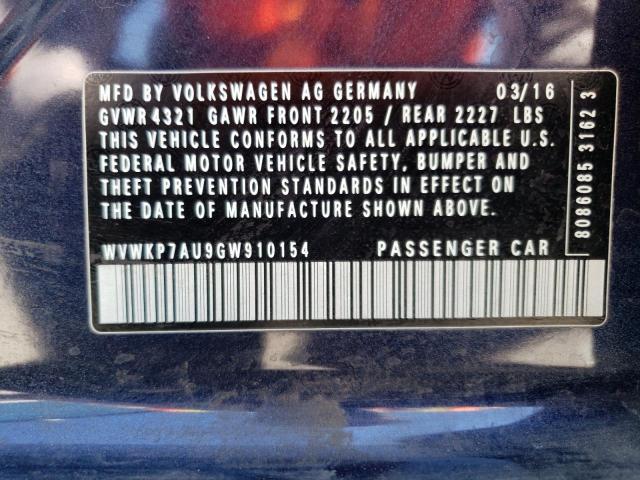 WVWKP7AU9GW910154 - 2016 VOLKSWAGEN E-GOLF SE BLUE photo 12