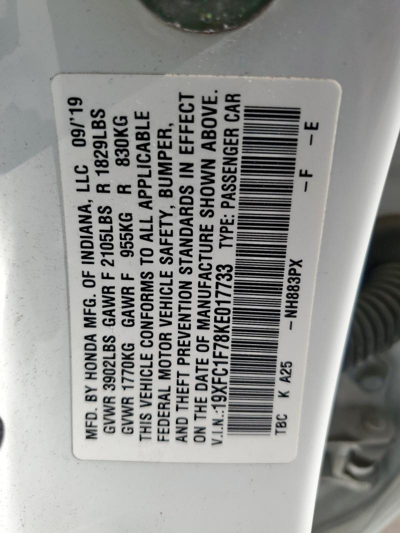 19XFC1F78KE017733 - 2019 HONDA CIVIC EXL WHITE photo 13
