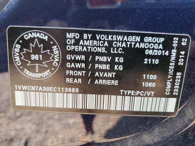 1VWCN7A30EC113689 - 2014 VOLKSWAGEN PASSAT SEL BLUE photo 12