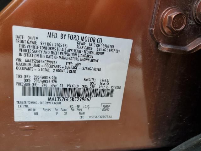 MAJ3S2GE5KC299867 - 2019 FORD ECOSPORT SE ORANGE photo 12
