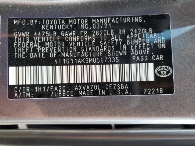 4T1G11AK9MU567335 - 2021 TOYOTA CAMRY SE GRAY photo 12