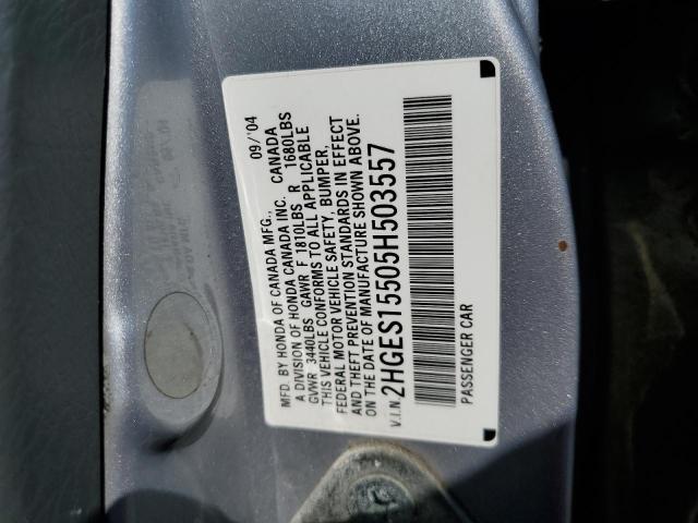 2HGES15505H503557 - 2005 HONDA CIVIC LX SILVER photo 12