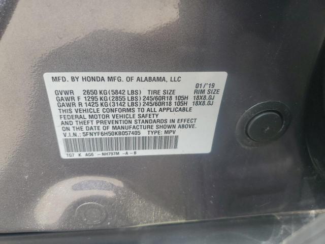 5FNYF6H50KB057405 - 2019 HONDA PILOT EXL GRAY photo 13