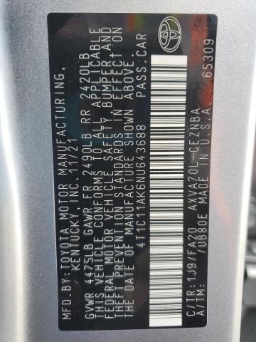 4T1C11AK6NU643688 - 2022 TOYOTA CAMRY LE 银色 照片 12