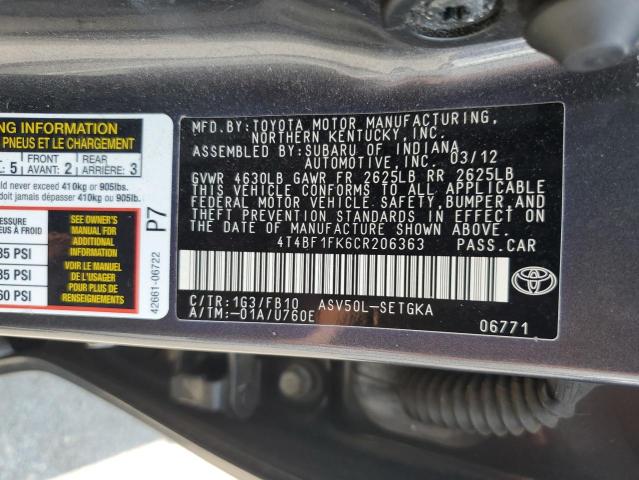 4T4BF1FK6CR206363 - 2012 TOYOTA CAMRY BASE GRAY photo 12