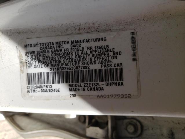 2T1KR32E53C027892 - 2003 TOYOTA COROLLA MA XR WHITE photo 13
