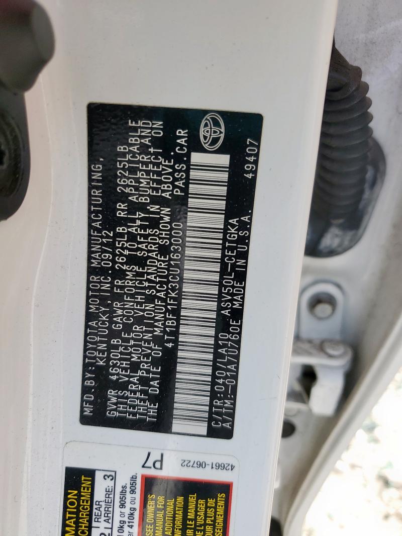 4T1BF1FK3CU163000 - 2012 TOYOTA CAMRY BASE WHITE photo 12