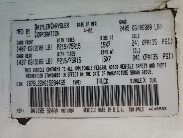 1B7GL22X61S284459 - 2001 DODGE DAKOTA WHITE photo 12