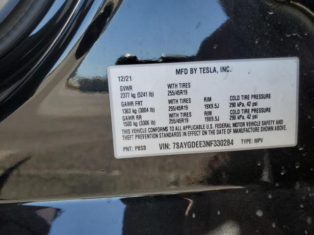 7SAYGDEE3NF330284 - 2022 TESLA MODEL Y BLACK photo 12