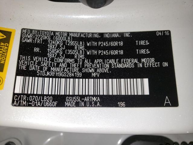 5TDJKRFH9GS284199 - 2016 TOYOTA HIGHLANDER XLE WHITE photo 13