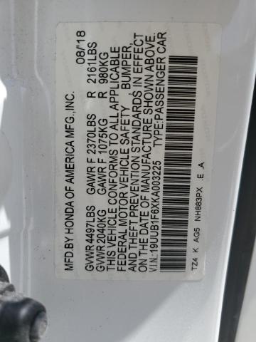 19UUB1F6XKA003225 - 2019 ACURA TLX TECHNOLOGY თეთრი ფოტო 12