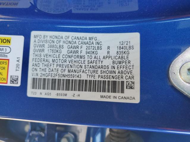 2HGFE2F50NH559143 - 2022 HONDA CIVIC SPORT BLUE photo 13
