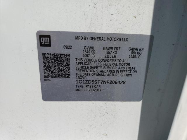 1G1ZD5ST7NF206428 - 2022 CHEVROLET MALIBU LT 白色 照片 12