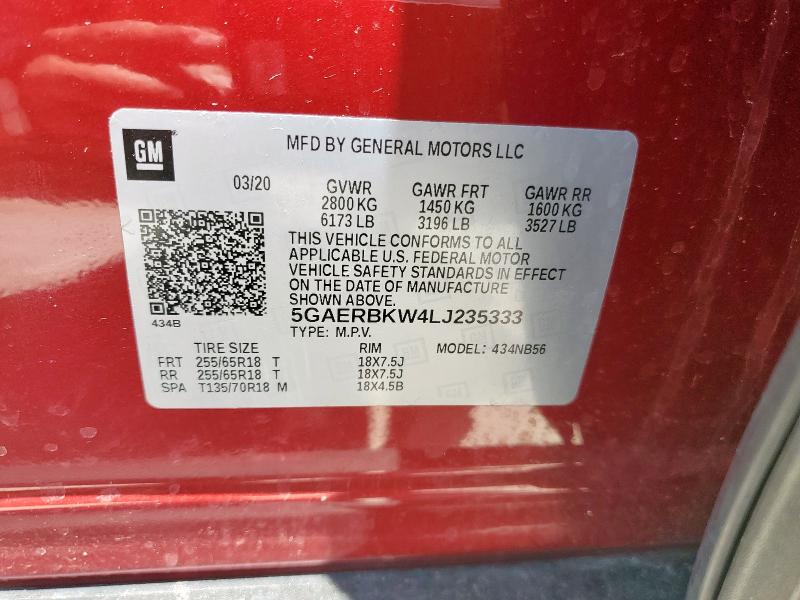 5GAERBKW4LJ235333 - 2020 BUICK ENCLAVE ESSENCE 勃艮第红 照片 13
