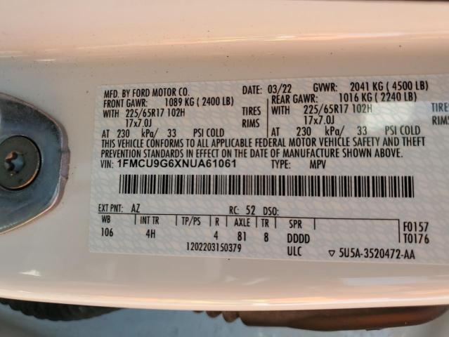 1FMCU9G6XNUA61061 - 2022 FORD ESCAPE SE WHITE photo 14