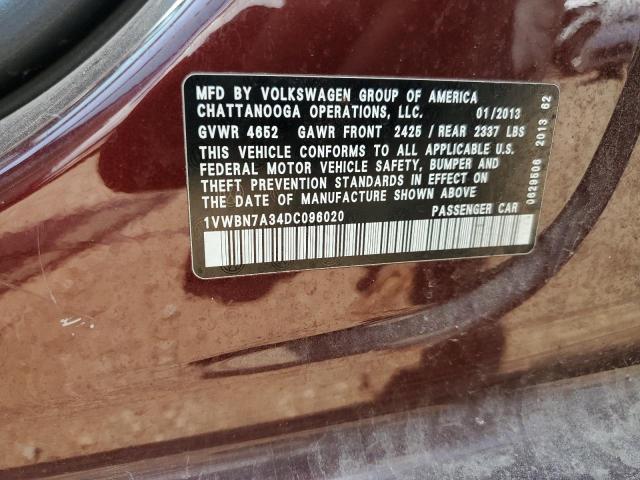 1VWBN7A34DC096020 - 2013 VOLKSWAGEN PASSAT SE ბურგუნდია ფოტო 12