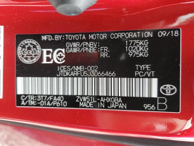 JTDKARFU5J3066466 - 2018 TOYOTA PRIUS RED photo 12