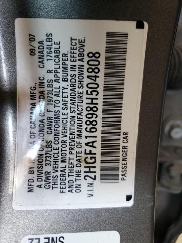 2HGFA16898H504808 - 2008 HONDA CIVIC EX GRAY photo 12