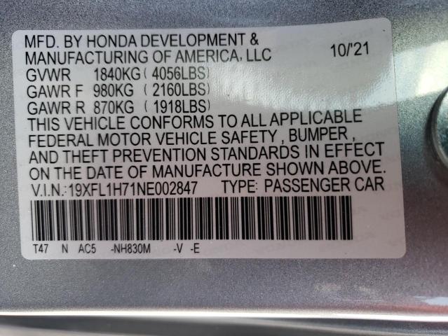 19XFL1H71NE002847 - 2022 HONDA CIVIC EXL ვერცხლისფერი ფოტო 13