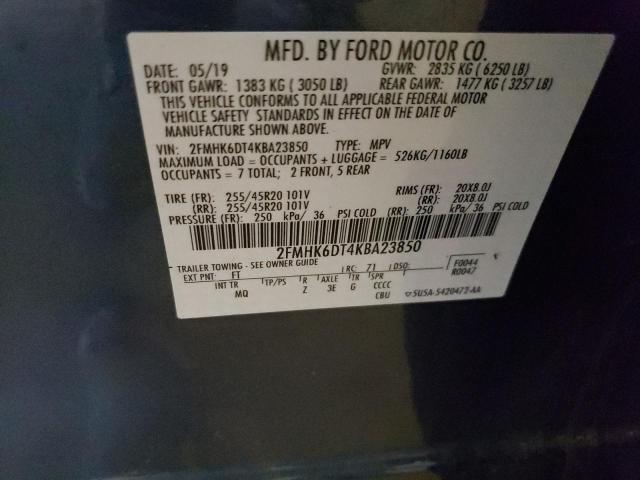 2FMHK6DT4KBA23850 - 2019 FORD FLEX LIMITED BLUE photo 12