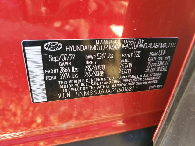 5NMS3DAJXPH501681 - 2023 HYUNDAI SANTA FE SEL PREMIUM RED photo 12