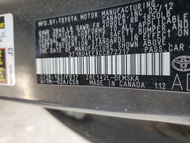 2T1BU4EEXCC872317 - 2012 TOYOTA COROLLA BASE GRAY photo 12