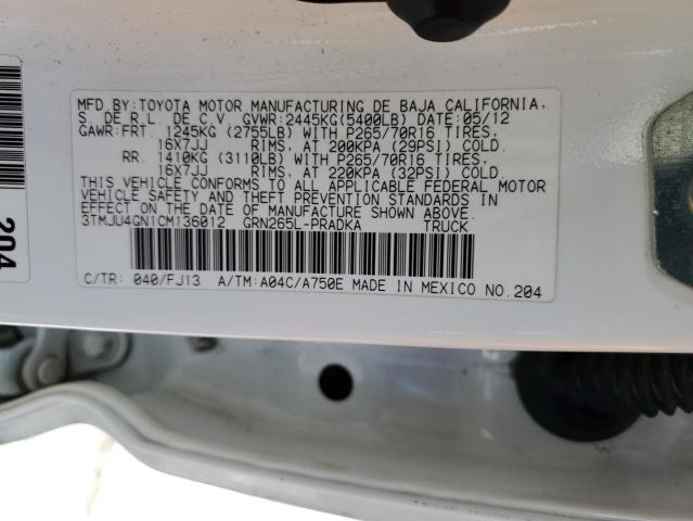 3TMJU4GN1CM136012 - 2012 TOYOTA TACOMA DOUBLE CAB PRERUNNER WHITE photo 12