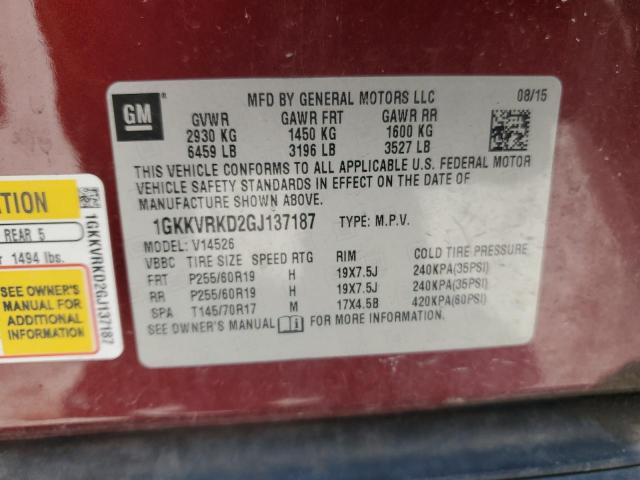 1GKKVRKD2GJ137187 - 2016 GMC ACADIA SLT-1 RED photo 13