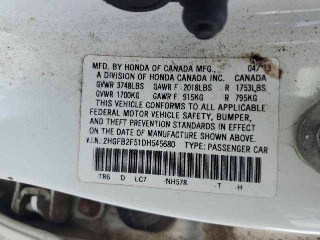 2HGFB2F51DH545680 - 2013 HONDA CIVIC LX თეთრი ფოტო 12