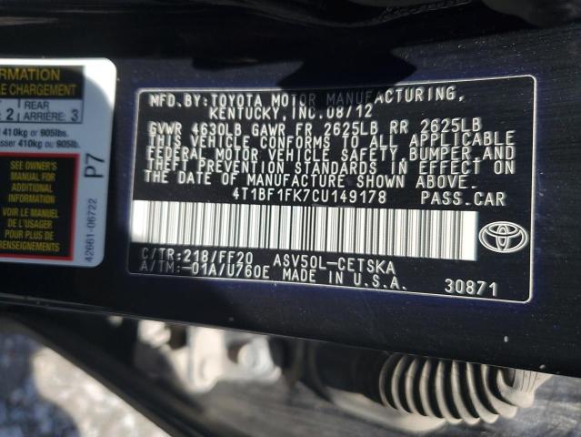 4T1BF1FK7CU149178 - 2012 TOYOTA CAMRY BASE Սև լուսանկար 13