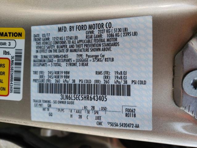 3LN6L5EC5HR643405 - 2017 LINCOLN MKZ RESERVE თაფლისფერი ფოტო 12