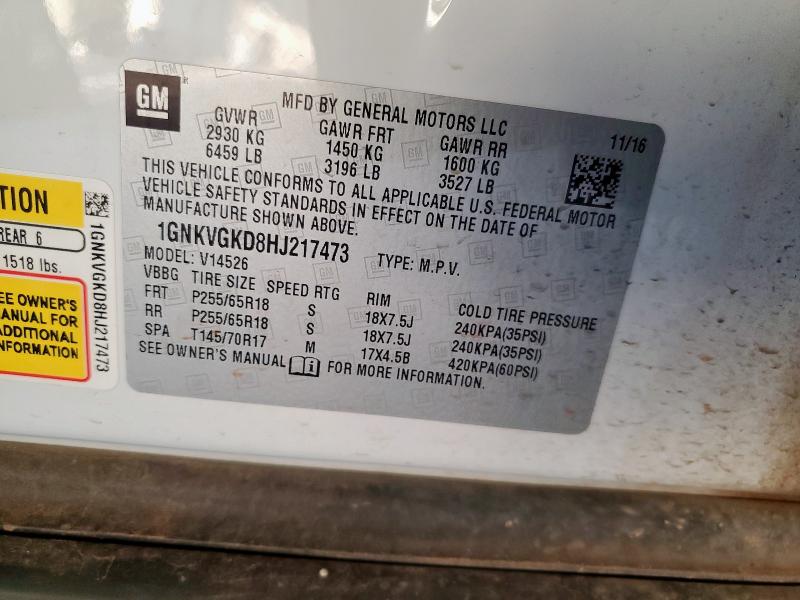 1GNKVGKD8HJ217473 - 2017 CHEVROLET TRAVERSE LT WHITE photo 13