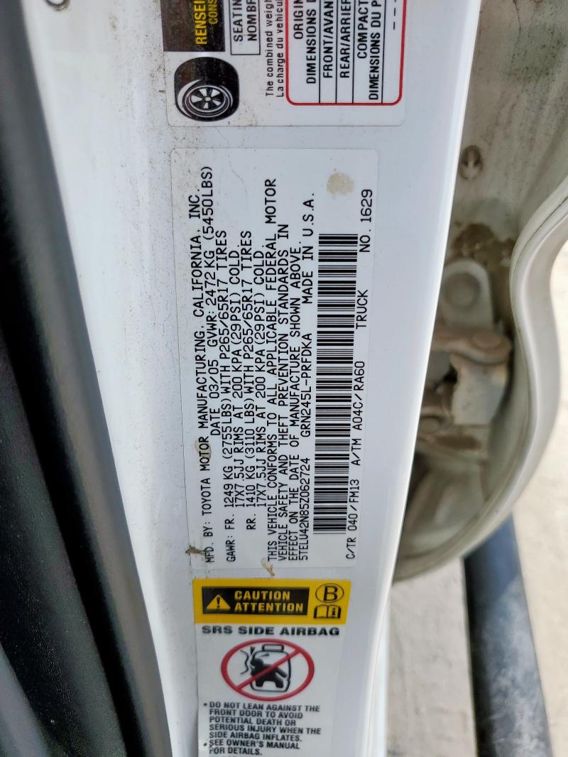 5TELU42N85Z062724 - 2005 TOYOTA TACOMA DOUBLE CAB 白色 照片 13