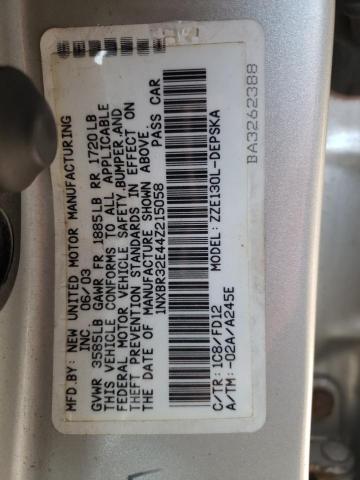 1NXBR32E44Z215058 - 2004 TOYOTA COROLLA CE SILVER photo 12