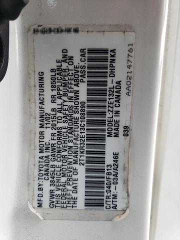 2T1KR32E13C108890 - 2003 TOYOTA COROLLA MA XR WHITE photo 12