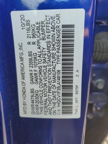 1HGCV1F35LA149106 - 2020 HONDA ACCORD SPORT BLUE photo 12