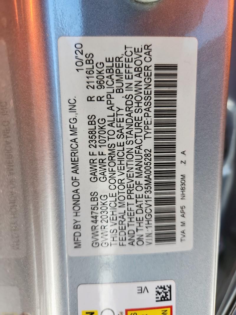 1HGCV1F35MA005282 - 2021 HONDA ACCORD SPORT 银色 照片 12