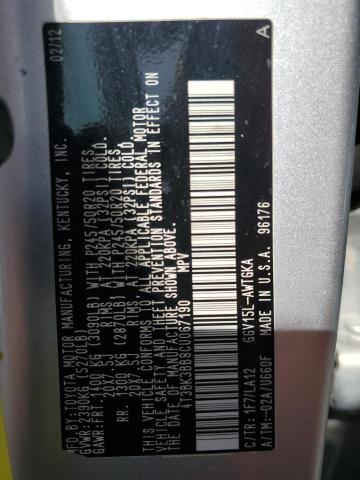 4T3BK3BB8CU067190 - 2012 TOYOTA VENZA LE SILVER photo 12