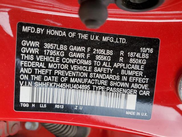 SHHFK7H45HU404895 - 2017 HONDA CIVIC SPORT 红色 照片 12