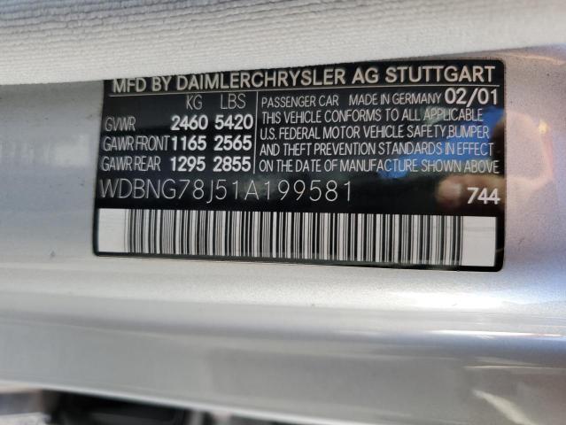 WDBNG78J51A199581 - 2001 MERCEDES-BENZ S 600 SILVER photo 12